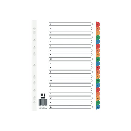 KF01523Q | This Q-Connect A-Z index divider provides a clear and simple filing solution for your everyday office needs. The front index sheet provides space for labelling to make referencing your notes quick and easy. Made from plain white card with multi-coloured Mylar tabs for extra reinforcement. This 20 part index comes with pre-printed tabs (A-Z) and is multi-punched to fit standard lever arch files or ring binders. Supplied in a pack of 10.