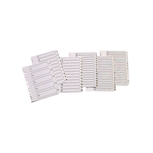 KF01527 | This Q-Connect 1-5 numbered index divider provides a clear and simple filing solution for your everyday office needs. The front index sheet provides space for labelling to make referencing your notes quick and easy. Made from plain white board with clear tabs that are Mylar-coated for extra reinforcement, this index comes with pre-printed tabs (1-5) and is multi-punched to fit standard A4 lever arch files or ring binders.