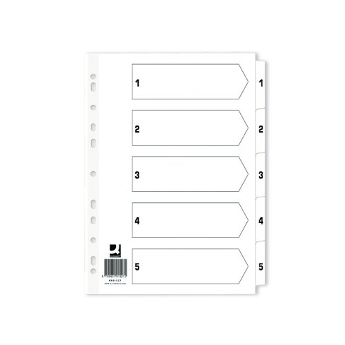 KF01527Q | This Q-Connect 1-5 numbered index divider provides a clear and simple filing solution for your everyday office needs. The front index sheet provides space for labelling to make referencing your notes quick and easy. Made from plain white board with clear tabs that are Mylar-coated for extra reinforcement, this index comes with pre-printed tabs (1-5) and is multi-punched to fit standard A4 lever arch files or ring binders. Supplied in a pack of 50.