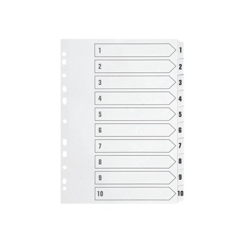 KF01528 | This Q-Connect 1-10 numbered index divider provides a clear and simple filing solution for your everyday office needs. The front index sheet provides space for labelling to make referencing your notes quick and easy. Made from plain white board with clear tabs that are Mylar-coated for extra reinforcement, this index comes with pre-printed tabs (1-10) and is multi-punched to fit standard A4 lever arch files or ring binders.