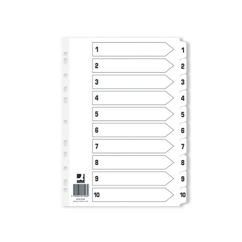 KF01528Q | This Q-Connect 1-10 numbered index divider provides a clear and simple filing solution for your everyday office needs. The front index sheet provides space for labelling to make referencing your notes quick and easy. Made from plain white board with clear tabs that are Mylar-coated for extra reinforcement, this index comes with pre-printed tabs (1-10) and is multi-punched to fit standard A4 lever arch files or ring binders. Supplied in a pack of 25.