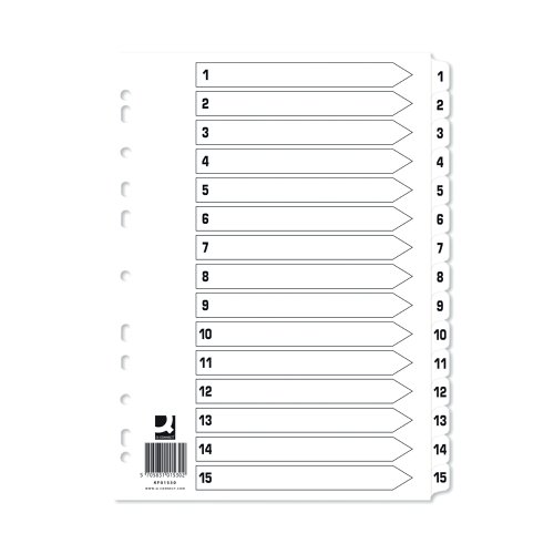 KF01530 | This Q-Connect 1-15 numbered index divider provides a clear and simple filing solution for your everyday office needs. The front index sheet provides space for labelling to make referencing your notes quick and easy. Made from plain white board with clear tabs that are Mylar-coated for extra reinforcement, this index comes with pre-printed tabs (1-15) and is multi-punched to fit standard A4 lever arch files or ring binders.