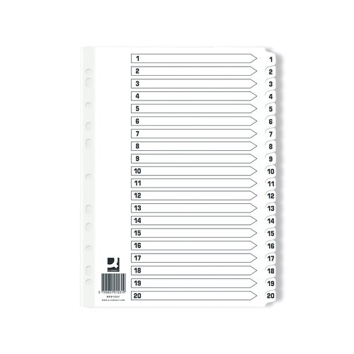 KF01531Q | This Q-Connect 1-20 numbered index divider provides a clear and simple filing solution for your everyday office needs. The front index sheet provides space for labelling to make referencing your notes quick and easy. Made from plain white board with clear tabs that are Mylar-coated for extra reinforcement, this index comes with pre-printed tabs (1-20) and is multi-punched to fit standard A4 lever arch files or ring binders. Supplied in a pack of 10.