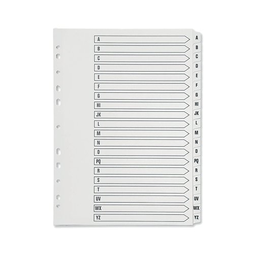 KF01532 | This Q-Connect 20 part A-Z printed index divider provides a clear and simple filing solution for your everyday office needs. The front index sheet provides space for labelling to make referencing your notes quick and easy. Made from plain white board with clear tabs that are Mylar-coated for extra reinforcement, this index comes with pre-printed tabs (A-Z) and is multi-punched to fit standard A4 lever arch files or ring binders.