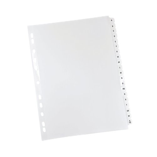 KF01532 | This Q-Connect 20 part A-Z printed index divider provides a clear and simple filing solution for your everyday office needs. The front index sheet provides space for labelling to make referencing your notes quick and easy. Made from plain white board with clear tabs that are Mylar-coated for extra reinforcement, this index comes with pre-printed tabs (A-Z) and is multi-punched to fit standard A4 lever arch files or ring binders.