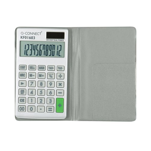 Pocket calculators can sometimes be so small that you can't read the display or push the keys. Not this one! With a large easy to read 12-Digit display, the Q-Connect Silver Large 12-Digit Pocket Calculator is the perfect pocket size for easy use, and its rubber keys make inputting even more simple. Supplied in a wallet to keep it free from scratches and marks, the calculator is powered by both battery and solar and has an eco-saving standby function.