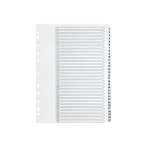 KF01936 | This Q-Connect 1-31 numbered index divider provides a clear and simple filing solution for your everyday office needs. The front index sheet provides space for labelling to make referencing your notes quick and easy. Made from plain white board with clear tabs that are Mylar-coated for extra reinforcement, this index comes with pre-printed tabs (1-31) and is multi-punched to fit standard A4 lever arch files or ring binders.