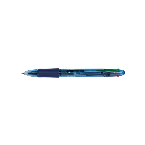 KF01938 | Change ink colour at the push of a button with this retractable Q-Connect 4 Colour Ballpoint Pen. Choose between black, blue, red and green ink for a multitude of writing tasks. The ergonomic barrel has a rubber grip for comfort in use and the 1.0mm nibs write a 0.5mm line width. The ballpoint nibs provide a smooth writing experience and the retractable design prevents the ink drying out. This pack contains ten 4 colour pens.