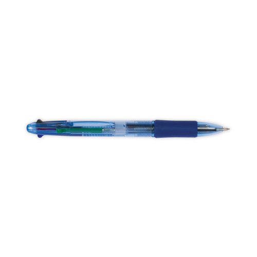 KF01938 | Change ink colour at the push of a button with this retractable Q-Connect 4 Colour Ballpoint Pen. Choose between black, blue, red and green ink for a multitude of writing tasks. The ergonomic barrel has a rubber grip for comfort in use and the 1.0mm nibs write a 0.5mm line width. The ballpoint nibs provide a smooth writing experience and the retractable design prevents the ink drying out. This pack contains ten 4 colour pens.