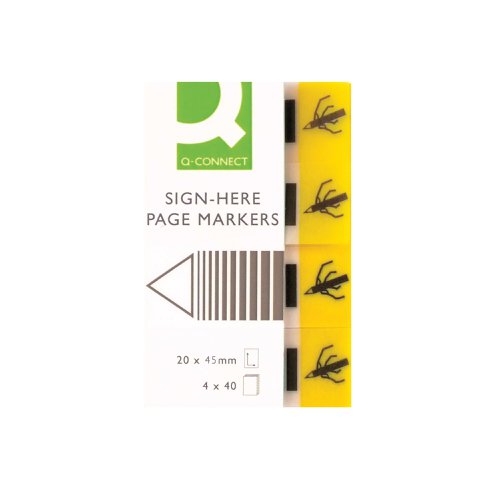 KF01979 | These handy Q-Connect Signature Markers are ideal for documents, contracts, invoices and letters requiring a signature. The bright yellow markers clearly display to your client or customer exactly where they need to check and make their signature. It provides a quick way to page through long contracts and get to the most essential parts, saving you time when it comes to sign. Each pad contains 40 yellow markers. This pack contains 4 pads (160 markers in total).