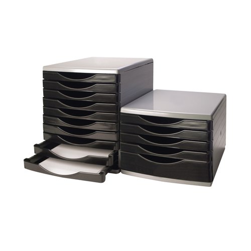 The ideal storage solution for all your paperwork, this sturdily constructed drawer tower contains 5 easy running drawers for quick and convenient access to files. Allowing you to implememt an organised filing system, this black drawer set is ideal for either the office or the home. This black and grey unit measures L345 x W290 x H220mm.