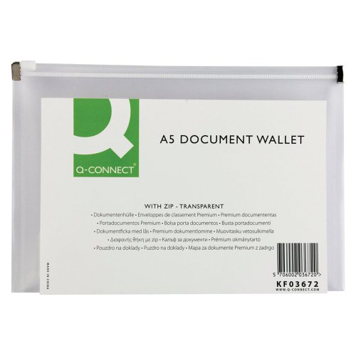 Q Connect Document Zip Wallet A5 Transparent Pack Of 10 Kf03672