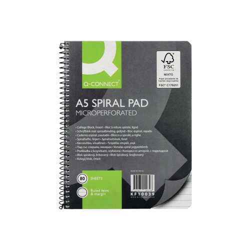 Q-Connect Ruled Margin Spiral Soft Cover Notebook 160 Pages A5 (Pack of 5) KF10039 | VOW