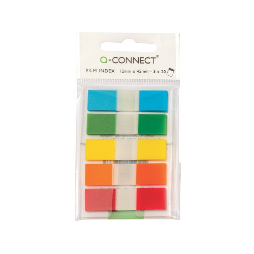 KF14966 | These Q-Connect brightly coloured page markers make it easy to mark your place. Each marker can be easily applied and re-applied without leaving any residue or damage on the page. The markers have a semi-transparent design, which allows you to colour code your notes without obscuring important text. These 12mm (1/2 inch) page markers come with a handy fan fold dispenser for easy use. This pack contains 100 page markers in assorted colours (blue, red, yellow, green and orange).