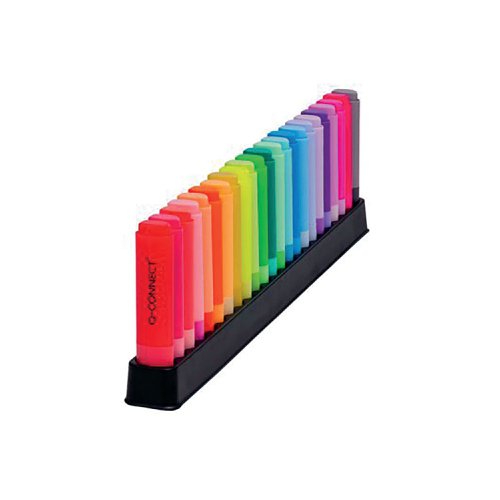 The Q-Connect pastel highlighters desk set contains a high quality, plastic holder containing 23 assorted coloured pastel highlighters. Each highlighter has a writing length of 300m and the chisel tip draws both broad lines for highlighting or narrow lines for underlining. Made from recycled polypropylene (both holder and pen casing), this highlighter set meets with global recycled standards.