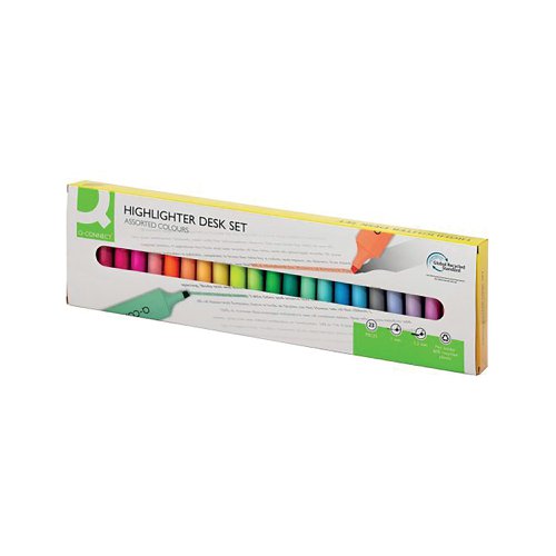 The Q-Connect pastel highlighters desk set contains a high quality, plastic holder containing 23 assorted coloured pastel highlighters. Each highlighter has a writing length of 300m and the chisel tip draws both broad lines for highlighting or narrow lines for underlining. Made from recycled polypropylene (both holder and pen casing), this highlighter set meets with global recycled standards.