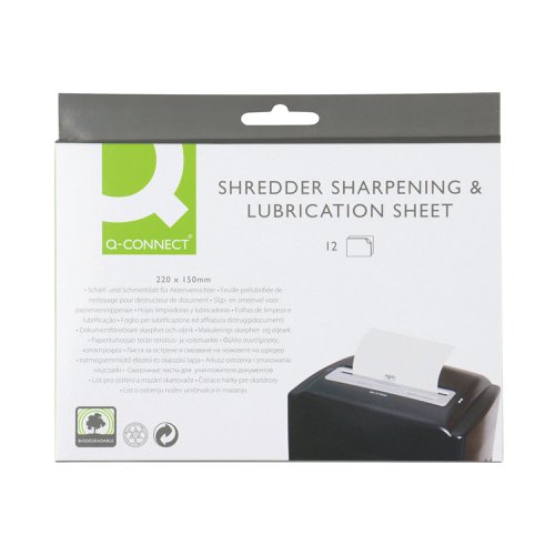 This Q-Connect shredder sharpening and lubrication sheet provides a simple solution to help keep your shredder running at optimum performance. Simply feed the sheet directly into the shredder and once completely through, set the shredder into reverse for 10 seconds to complete the sharpening and lubrication process. Each sheet measures 220 x 150mm. This pack contains 12 sheets.