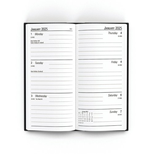 This week to view diary is ideal for meetings, appointments, deadlines and other plans, with a reference calendar on each week for help planning ahead. The diary also includes current and forward year planners for quick and easy reference. The slim black diary measures 159 x 79mm.