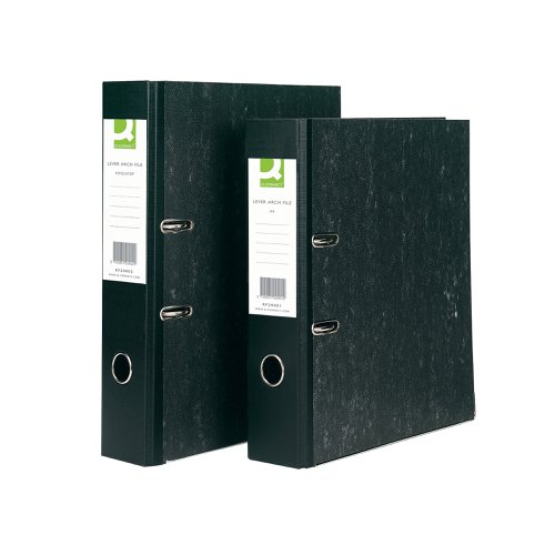 Manufactured using recycled board and paper, with a stylish marbled design, these Q-Connect lever arch files have a 70mm capacity for A4 documents. The file features a large labelling area on the spine for quick identification of contents, a thumb hole for easy retrieval from the shelf and locking slots and metal shoes for durability. This pack contains 10 black files.