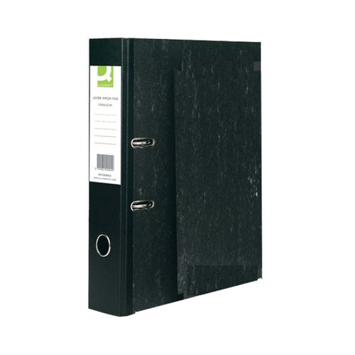 Manufactured using recycled board and paper, with a stylish marbled design, these Q-Connect lever arch files have a 70mm capacity for foolscap documents. The file features a large labelling area on the spine for quick identification of contents, a thumb hole for easy retrieval from the shelf and locking slots and metal shoes for durability. This pack contains 10 black files.