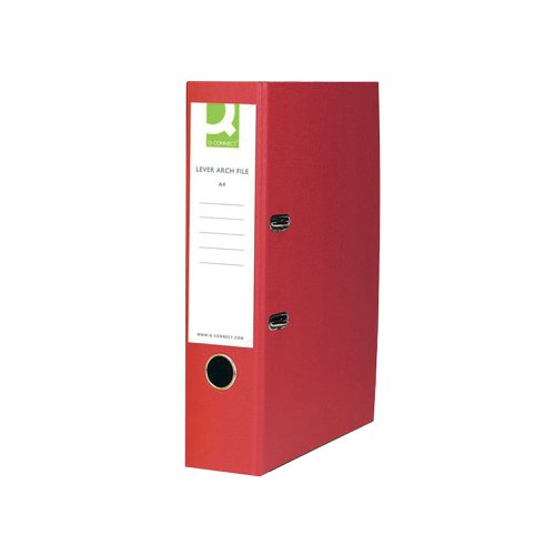 Manufactured using recycled board and paper, these colourful Q-Connect Lever Arch files have a 70mm capacity for A4 documents. The file features a large labelling area on the spine for quick identification of contents, a thumb hole for easy retrieval from the shelf and locking slots and metal shoes for durability. This pack contains 10 red files.