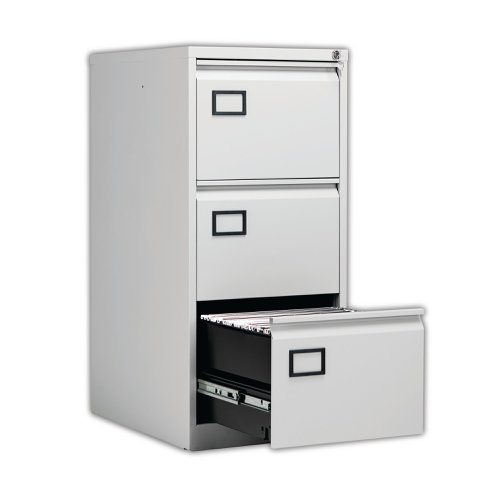 Store your files and documents safely and securely in this stylish, three drawer filing cabinet. Made from robust material and featuring an anti-tilt mechanism it offers sturdy support ideal for everyday use. Each drawer can be fully extended for ease of access and are mounted on smooth, rollerball runners that enable you to open and close them effortlessly. The cabinet can be locked offering ultimate security for your confidential papers.