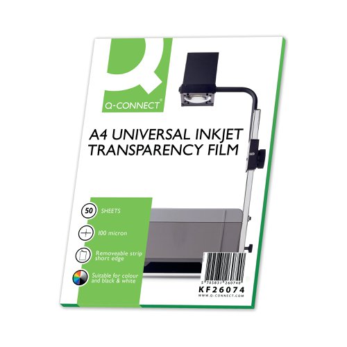 Q-Connect Over Head Projector film allows you to produce clear and concise print outs for your presentations, whether they're black and white or in colour. Fitting into your inkjet printer like paper, this film provides the same sharp printing that you would expect from your printer, meaning that you can always be confident in the quality of your prints.