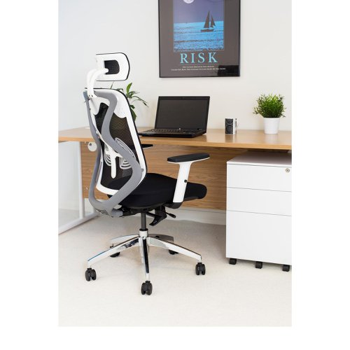 Stealth High Mesh Back Operator Chair Headrest Adjustable Arms 660x660x1140-1240 White/Black KF70060