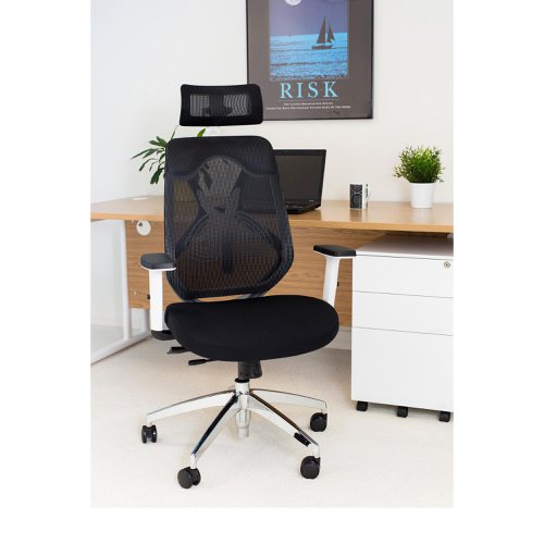 Stealth High Mesh Back Operator Chair Headrest Adjustable Arms 660x660x1140-1240 White/Black KF70060