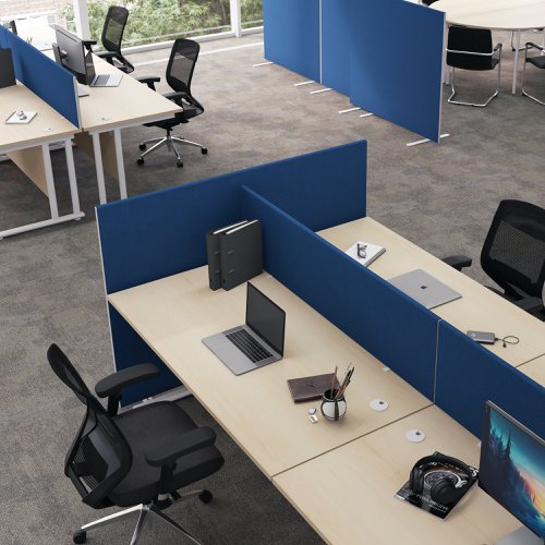 Create a personalised desk space with the First range of desk screens. Ideal for adding privacy to your workstation, or accessorising using a toolrail and a range of fitments. Completed with a high-quality royal blue finish, this desk mounted screen comes supplied with desk clamps for suitable installation. Dimensions: W1200 x H400mm.