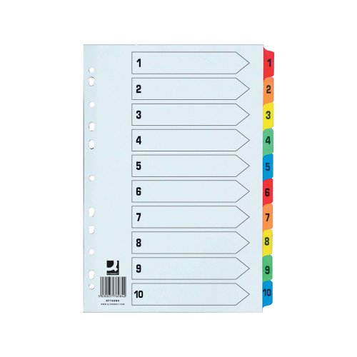 KF76984 | This Q-Connect 1-10 numbered index divider provides a clear and simple filing solution for your everyday office needs. The front index sheet provides space for labelling to make referencing your notes quick and easy. Made from plain white card with multi-coloured Mylar tabs for extra reinforcement, this divider is extra wide for increased visibility. This index comes with pre-printed tabs (1-10) and is multi-punched to fit standard lever arch files or ring binders.