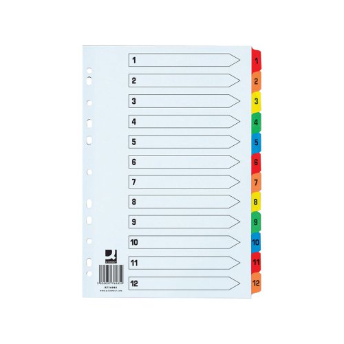 KF76985 | This Q-Connect 1-12 numbered index divider provides a clear and simple filing solution for your everyday office needs. The front index sheet provides space for labelling to make referencing your notes quick and easy. Made from plain white card with multi-coloured Mylar tabs for extra reinforcement, this divider is extra wide for increased visibility. This index comes with pre-printed tabs (1-12) and is multi-punched to fit standard lever arch files or ring binders.