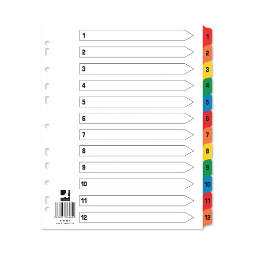 KF76985Q | This Q-Connect 1-12 numbered index divider provides a clear and simple filing solution for your everyday office needs. The front index sheet provides space for labelling to make referencing your notes quick and easy. It is made from plain white board with multicoloured tabs for extra reinforcement. This index comes with pre-printed tabs (1-12) and is multi-punched to fit standard lever arch files or ring binders.