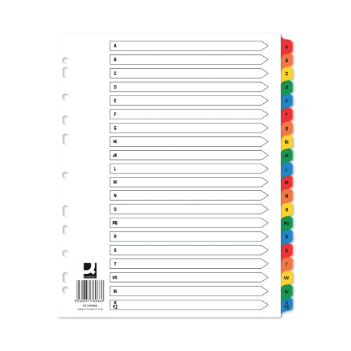 KF76986Q | This Q-Connect A-Z numbered index divider provides a clear and simple filing solution for your everyday office needs. The front index sheet provides space for labelling to make referencing your notes quick and easy. It is made from plain white board with multicoloured tabs for extra reinforcement. This index comes with pre-printed tabs (A-Z) and is multi-punched to fit standard lever arch files or ring binders.