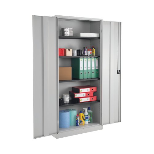 With a fully welded construction and lockable, reinforced doors, these stationery cupboards are ideal for use in virtually any environment. Supplied in a tasteful grey, the doors are wide opening for ease of access and have rubber stops for silent closing. Supplied with dual purpose shelves that are height adjustable at 36mm increments, have a weight capacity of 50kg, and are suitable for use with suspension files. Contents not included.