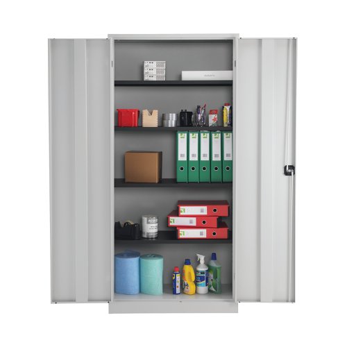 With a fully welded construction and lockable, reinforced doors, these stationery cupboards are ideal for use in virtually any environment. Supplied in a tasteful grey, the doors are wide opening for ease of access and have rubber stops for silent closing. Supplied with dual purpose shelves that are height adjustable at 36mm increments, have a weight capacity of 50kg, and are suitable for use with suspension files. Contents not included.