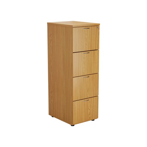 Designed for foolscap suspension files, this 4 drawer filing cabinet provides a sturdy and robust filing solution. The robust frame has a stylish Nova Oak finish and anti-tilt technology for secure filing. The 4 drawers are lockable for storing confidential files and have a capacity of 25kg each. This filing cabinet measures W465 x D600 x H1365mm.