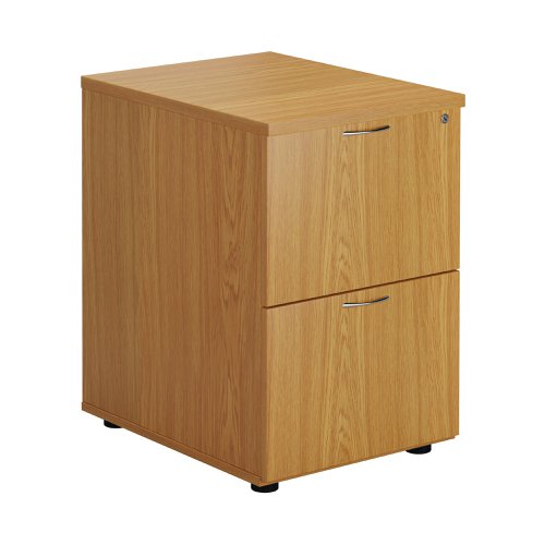 Designed for foolscap suspension files, this First 2 drawer filing cabinet features a robust frame with a contemporary Nova Oak finish and anti-tilt technology for secure filing. The 2 drawers are lockable for storing confidential files and have a capacity of 25kg each. This filing cabinet measures W465 x D600 x H730mm.