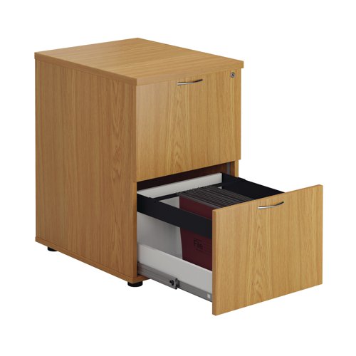 Designed for foolscap suspension files, this First 2 drawer filing cabinet features a robust frame with a contemporary Nova Oak finish and anti-tilt technology for secure filing. The 2 drawers are lockable for storing confidential files and have a capacity of 25kg each. This filing cabinet measures W465 x D600 x H730mm.