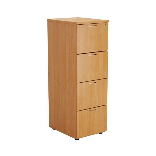 Designed for foolscap suspension files, this First 4 drawer filing cabinet features a robust frame with a contemporary beech finish and anti-tilt technology for secure filing. The 4 drawers have a capacity of 25kg each. This filing cabinet measures W465 x D600 x H1365mm.