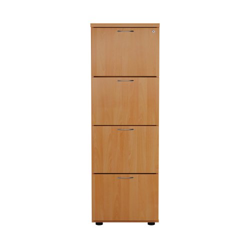 Designed for foolscap suspension files, this First 4 drawer filing cabinet features a robust frame with a contemporary beech finish and anti-tilt technology for secure filing. The 4 drawers have a capacity of 25kg each. This filing cabinet measures W465 x D600 x H1365mm.