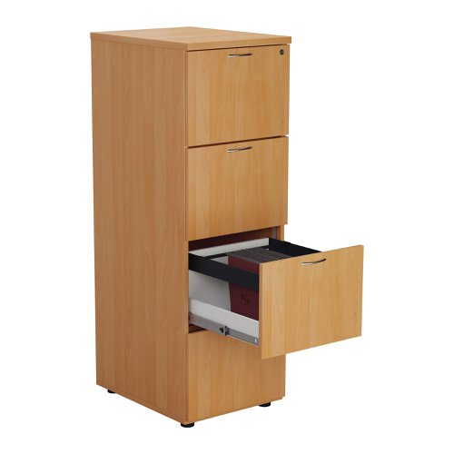 Designed for foolscap suspension files, this First 4 drawer filing cabinet features a robust frame with a contemporary beech finish and anti-tilt technology for secure filing. The 4 drawers have a capacity of 25kg each. This filing cabinet measures W465 x D600 x H1365mm.