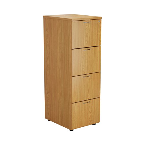 Designed for foolscap suspension files, this First 4 drawer filing cabinet features a robust frame with a contemporary Nova Oak finish and anti-tilt technology for secure filing. The 4 drawers have a capacity of 25kg each. This filing cabinet measures W465 x D600 x H1365mm.