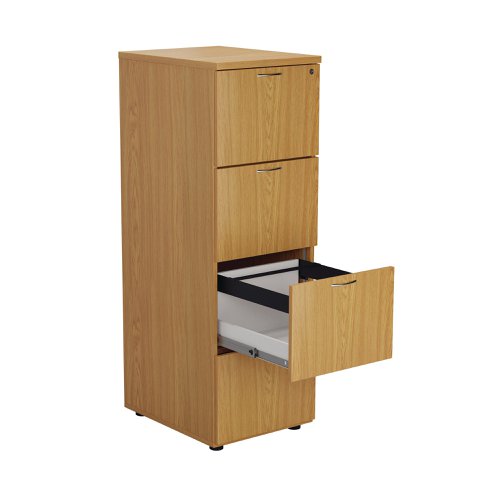 Designed for foolscap suspension files, this First 4 drawer filing cabinet features a robust frame with a contemporary Nova Oak finish and anti-tilt technology for secure filing. The 4 drawers have a capacity of 25kg each. This filing cabinet measures W465 x D600 x H1365mm.