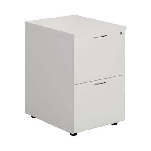 Designed for foolscap suspension files, this First 2 drawer filing cabinet provides a sturdy and robust filing solution. The robust frame has a stylish white finish and anti-tilt technology for secure filing. The 2 drawers are lockable for storing confidential files and have a capacity of 25kg each. This filing cabinet measures W465 x D600 x H730mm and complements office furniture from both the First and First ranges.