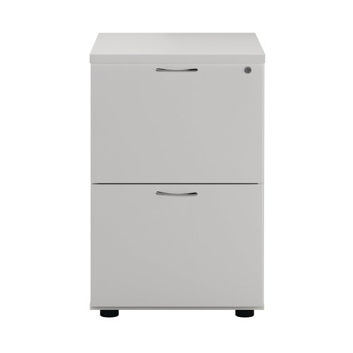 Designed for foolscap suspension files, this First 2 drawer filing cabinet provides a sturdy and robust filing solution. The robust frame has a stylish white finish and anti-tilt technology for secure filing. The 2 drawers are lockable for storing confidential files and have a capacity of 25kg each. This filing cabinet measures W465 x D600 x H730mm and complements office furniture from both the First and First ranges.