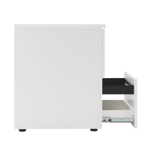 Designed for foolscap suspension files, this First 2 drawer filing cabinet provides a sturdy and robust filing solution. The robust frame has a stylish white finish and anti-tilt technology for secure filing. The 2 drawers are lockable for storing confidential files and have a capacity of 25kg each. This filing cabinet measures W465 x D600 x H730mm and complements office furniture from both the First and First ranges.