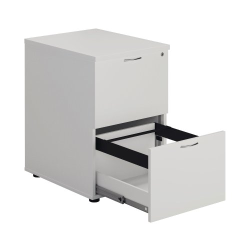 Designed for foolscap suspension files, this First 2 drawer filing cabinet provides a sturdy and robust filing solution. The robust frame has a stylish white finish and anti-tilt technology for secure filing. The 2 drawers are lockable for storing confidential files and have a capacity of 25kg each. This filing cabinet measures W465 x D600 x H730mm and complements office furniture from both the First and First ranges.