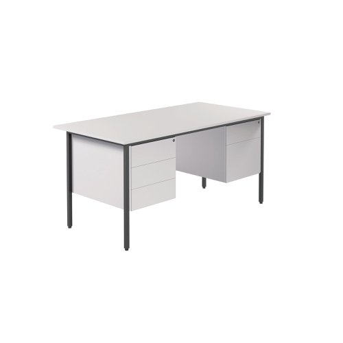 This 4 Leg desk from the Serrion range features a simple and contemporary finish that is ideal for use at home or in the office. The rectangular design allows for multiple desk configurations to set up your office in a way that works for you. This desk features an 18mm thick desktop with sturdy metal legs, a modesty panel and a two drawer and three drawer pedestal included as standard. Cable ports are not included. The desk measures 1500x750x730mm in size.