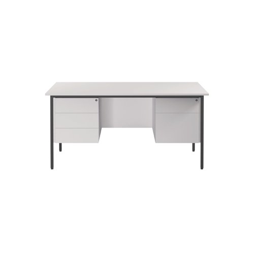 This 4 Leg desk from the Serrion range features a simple and contemporary finish that is ideal for use at home or in the office. The rectangular design allows for multiple desk configurations to set up your office in a way that works for you. This desk features an 18mm thick desktop with sturdy metal legs, a modesty panel and a two drawer and three drawer pedestal included as standard. Cable ports are not included. The desk measures 1500x750x730mm in size.